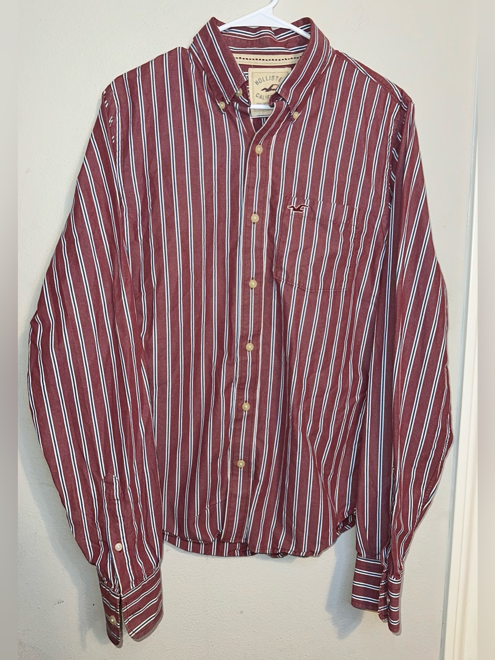 Hollister Men's Red Striped Button Down Shirt
